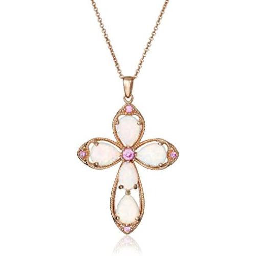 14K Rose Gold over Sterling Silver Created Opal with Created Pink Sapphire Cross Pendant Necklace, 18''