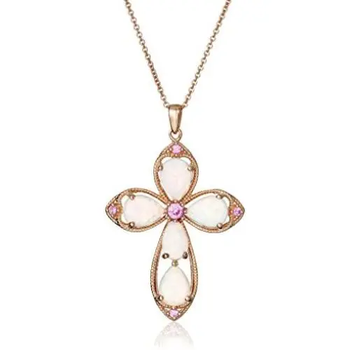 14K Rose Gold over Sterling Silver Created Opal with Created Pink Sapphire Cross Pendant Necklace, 18'' 14K Rose Gold over Sterling Silver Created Opal with Created Pink Sapphire Cross Pendant Necklace, 18''