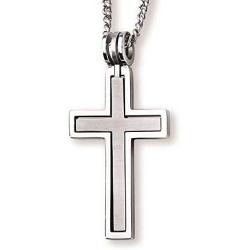 Stainless Steel Hinged Cross-within-a-Cross 1-3/4'' Mens Matte & Polished Finish Pendant Necklace with 24'' Curb Chain