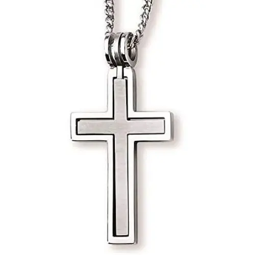 Stainless Steel Hinged Cross-within-a-Cross 1-3/4'' Mens Matte & Polished Finish Pendant Necklace with 24'' Curb Chain Stainless Steel Hinged Cross-within-a-Cross 1-3/4'' Mens Matte & Polished Finish Pendant Necklace with 24'' Curb Chain
