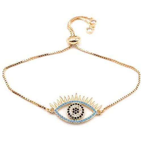 LESLIE BOULES 18K Gold Plated Evil Eye Bracelet for Women Adjustable Chain