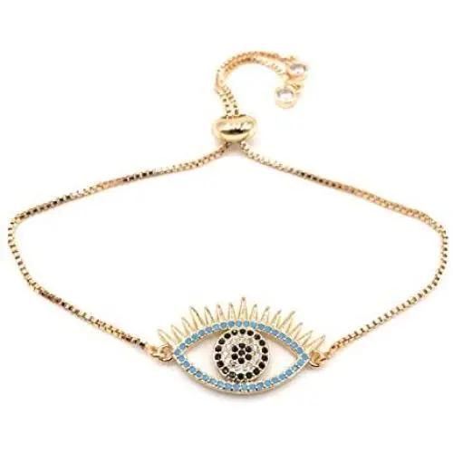 LESLIE BOULES 18K Gold Plated Evil Eye Bracelet for Women Adjustable Chain LESLIE BOULES 18K Gold Plated Evil Eye Bracelet for Women Adjustable Chain