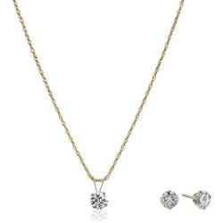 Jewelili 10k Yellow Gold 1 1/2 cttw Round Swarovski Zirconia Pendant Necklace and Earrings Set