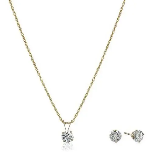 Jewelili 10k Yellow Gold 1 1/2 cttw Round Swarovski Zirconia Pendant Necklace and Earrings Set Jewelili 10k Yellow Gold 1 1/2 cttw Round Swarovski Zirconia Pendant Necklace and Earrings Set