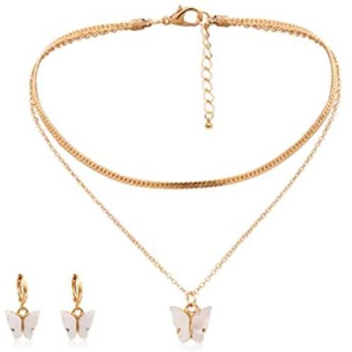 The Woos Butterfly Neckalce Earring Set Acrylic Colored Butterfly Animal Sweet Colorful Pendant Necklaces Clavicle Chain Summer Insect Charm Jewelry for Women Girl