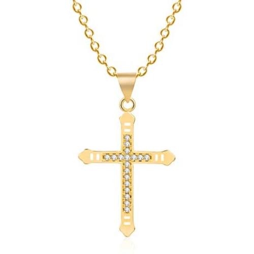 SEMBILAN Cross Cubic Zirconia Necklace 14K Gold Plated Copper Cross Pendant Necklace Copper Chain Jewelry for Women Ladies Teens Girls (Gold Cross Crystal-4)