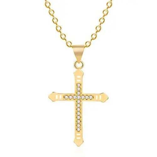 SEMBILAN Cross Cubic Zirconia Necklace 14K Gold Plated Copper Cross Pendant Necklace Copper Chain Jewelry for Women Ladies Teens Girls (Gold Cross Crystal-4)