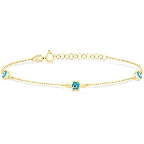 GELIN Evil Eye Charm Chain Bracelet in 14k Solid Gold | Protection Bracelets for Women | Turquoise Handmade Jewelry