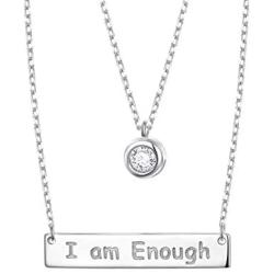 FLYOW 925 Sterling Silver Inspirational Jewelry Double Layer I Am Enough Necklace for Women Teen Girls Encouragement Gifts