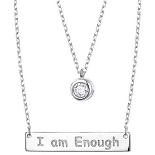 FLYOW 925 Sterling Silver Inspirational Jewelry Double Layer I Am Enough Necklace for Women Teen Girls Encouragement Gifts