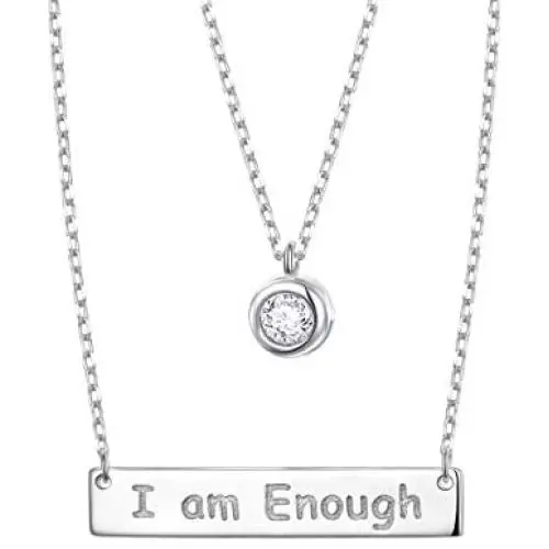FLYOW 925 Sterling Silver Inspirational Jewelry Double Layer I Am Enough Necklace for Women Teen Girls Encouragement Gifts