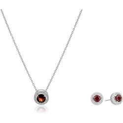 Rhodium Plated Sterling Silver Gemstone and Created White Sapphire Round Halo Earrings and Pendant Necklace Jewelry Set - Choice of Gem Colors