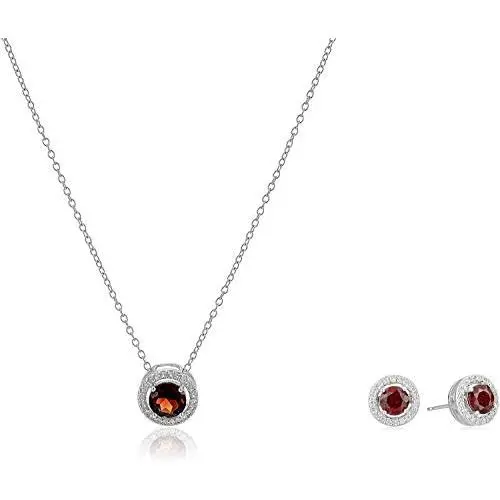 Rhodium Plated Sterling Silver Gemstone and Created White Sapphire Round Halo Earrings and Pendant Necklace Jewelry Set - Choice of Gem Colors Rhodium Plated Sterling Silver Gemstone and Created White Sapphire Round Halo Earrings and Pendant Necklace Jewelry Set - Choice of Gem Colors