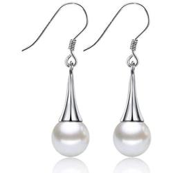 Yves Renaud Classical 8mm Round Synthetic Pearl Drop Earrings - Hypoallergenic Silver Fish Hook Dangling Fashion Jewelry for Women, Girls