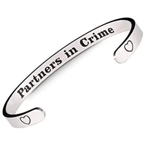 Friendship Bracelet | Stainless Steel Bangle Bracelets for Women | Personalized Gifts for Her Engraved Partners in Crime Wrapped in Black Jewelry Gift Box