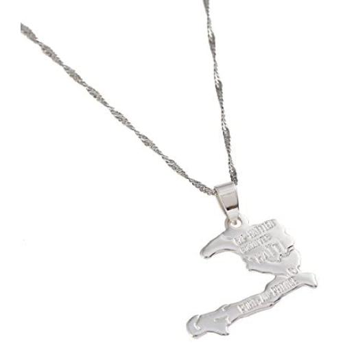 Silver Plated The Republic of Haiti Map Pendant Necklace Chain Port-AU-Prince Map Jewelry
