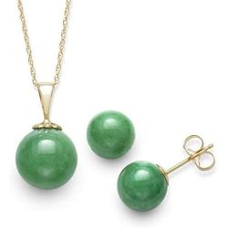 14K Yellow Gold Natural Jade Pendant Necklace and Stud Earring Set