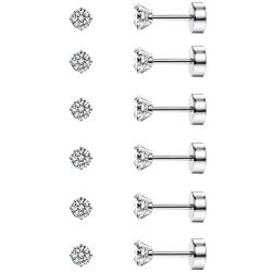 CASSIECA 6 Pairs 20G Stainless Steel Stud Cartilage Piercing Earrings Round Cubic Zirconia Earring Barbell Stud Earrings Set For Men Women Screw Flat Back Earrings For Men Women Jewelry Set