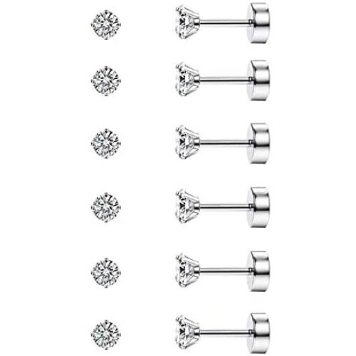 CASSIECA 6 Pairs 20G Stainless Steel Stud Cartilage Piercing Earrings Round Cubic Zirconia Earring Barbell Stud Earrings Set For Men Women Screw Flat Back Earrings For Men Women Jewelry Set