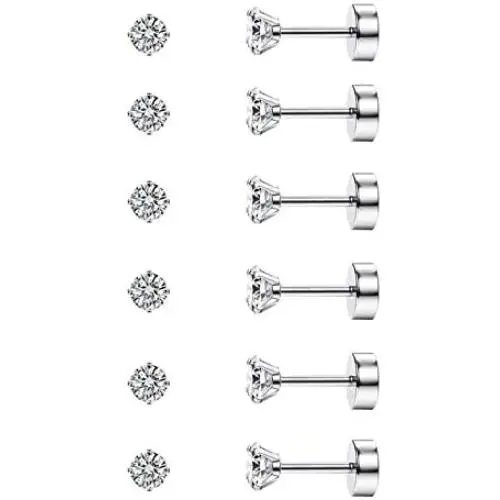 CASSIECA 6 Pairs 20G Stainless Steel Stud Cartilage Piercing Earrings Round Cubic Zirconia Earring Barbell Stud Earrings Set For Men Women Screw Flat Back Earrings For Men Women Jewelry Set