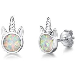 FANCIME Sterling Silver Cat/Unicorn/Elephant Stud Earrings Created Fire Opal Cute Animal Mini Tiny Dot Small Round Disc Fine Jewelry for Women Girls
