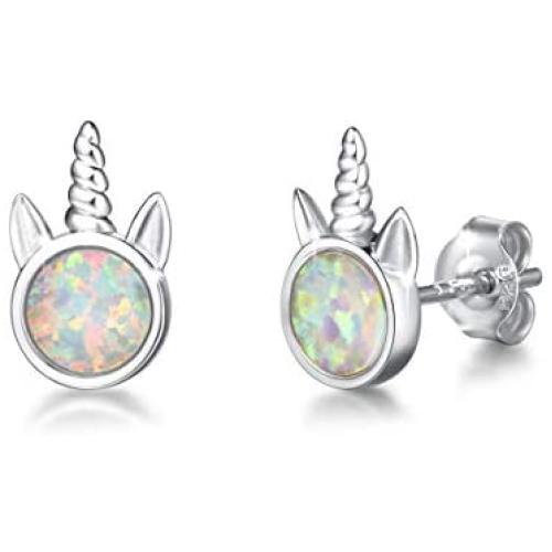 FANCIME Sterling Silver Cat/Unicorn/Elephant Stud Earrings Created Fire Opal Cute Animal Mini Tiny Dot Small Round Disc Fine Jewelry for Women Girls