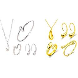 8PCS Sterling Silver and Gold Jewelry Set for Women Teardrop Pendant Necklace Earring Bracelet and Ring Jewelry Gifts