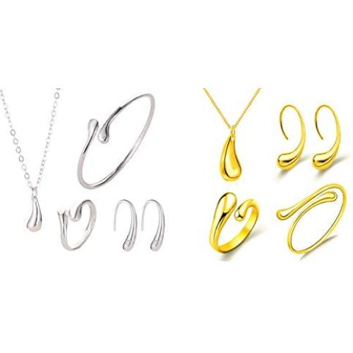 8PCS Sterling Silver and Gold Jewelry Set for Women Teardrop Pendant Necklace Earring Bracelet and Ring Jewelry Gifts
