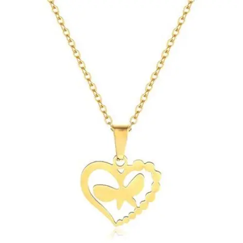 Dainty Heart Pendant Necklace for Women, HEWIC 18k Gold Plated Stainless Steel Handmade Small Butterfly Charm with Unbreakable Chain Delicate Girl Necklace Minimalist Jewelry Gift