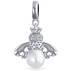 Garden Insect White Simulated Pearl Queen Bumble Bee Dangle Charm Bead For Mother .925 Sterling Silver Fit European Bracelet