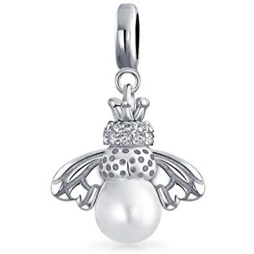 Garden Insect White Simulated Pearl Queen Bumble Bee Dangle Charm Bead For Mother .925 Sterling Silver Fit European Bracelet