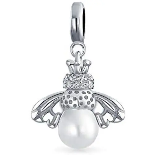 Garden Insect White Simulated Pearl Queen Bumble Bee Dangle Charm Bead For Mother .925 Sterling Silver Fit European Bracelet
