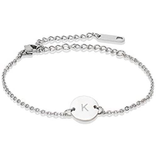 Glimmerst Stainless Steel Initial Bracelet Delicate Coin Letter Bracelet Dainty Small Disc Name Bracelet Personalized Monogram Charm Bracelet for Women Girls