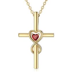 Yafeeso 14K Gold Crucifix Cross Necklace for Women, Solid Infinity Pendant Necklace with Red Heart Anniversary Bithday Jewelry Gifts for Her,16+2 Inch