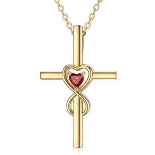 Yafeeso 14K Gold Crucifix Cross Necklace for Women, Solid Infinity Pendant Necklace with Red Heart Anniversary Bithday Jewelry Gifts for Her,16+2 Inch