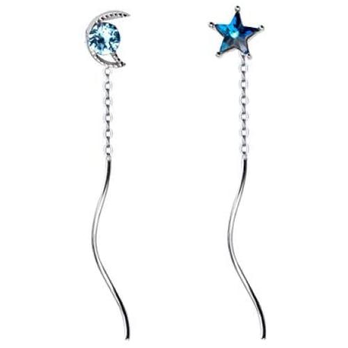 SLUYNZ 925 Sterling Silver Blue Crystal Star Moon Dangle Earrings for Women Teen Girls Star Moon Tassel Earrings Chain