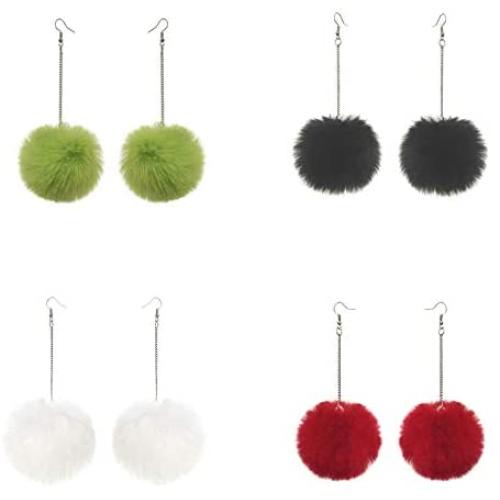 4 Pairs Faux Fur Hairball Drop Earrings Set Colorful 6mm Soft Plush Fluffy Ball Earrings Winter Jewelry for Women Girls