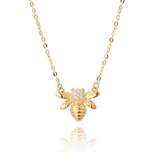 Bee Gold Coin Honeycomb Pendant Choker Necklace for Women Teen Girls S925 Sterling Silver Dainty Crystal CZ Diamond Queen Bee Bumble Bee Hive BFF Necklace Long Chain Cute Animal Charm Jewelry Gift