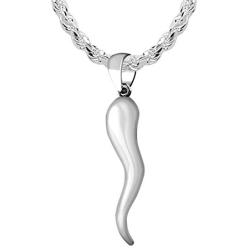 US Jewels Mens 925 Sterling Silver 26mm Italian Horn Good Luck Pendant Necklace, 18in to 24in