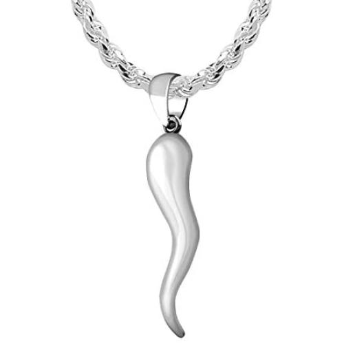 US Jewels Mens 925 Sterling Silver 26mm Italian Horn Good Luck Pendant Necklace, 18in to 24in