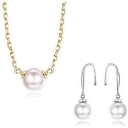 Thunaraz 925 Sterling Silver Freshwater Cultured Pearl Jewelry Necklace Earrings Set for Women Anniversary Gifts