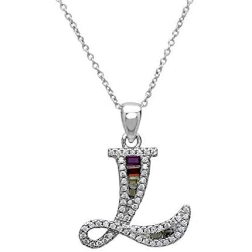 Pori Jewelers Sterling Silver Baguette and Round-Cut Crystal Initial Pendant Necklace
