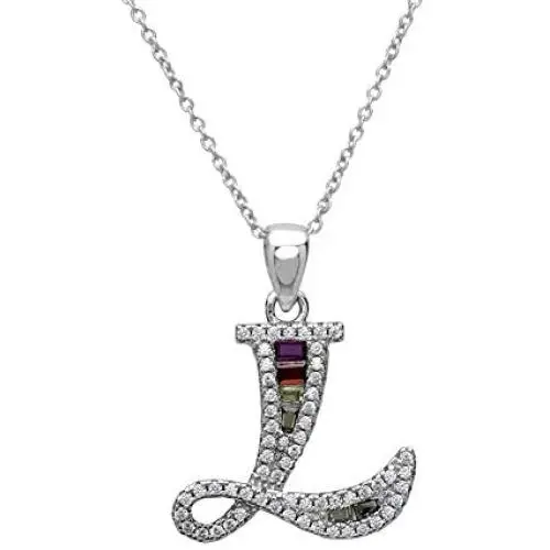 Pori Jewelers Sterling Silver Baguette and Round-Cut Crystal Initial Pendant Necklace Pori Jewelers Sterling Silver Baguette and Round-Cut Crystal Initial Pendant Necklace