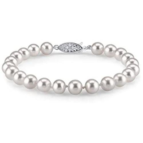 THE PEARL SOURCE Sterling Silver 7-8mm AAA Quality Round White Freshwater Cultured Pearl Bracelet for Women