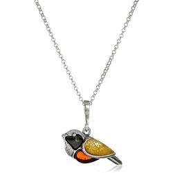 Multicolor Amber Sterling Silver Bird Pendant Necklace 18 Inches