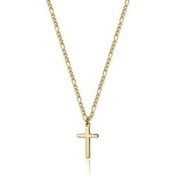 14K Gold Filled Cross Necklace for Men Figaro Chain Stainless Steel Plain Polished Cross Pendant Necklace Simple Faith Jewelry Gift for Boy Women Girls 16-24 Inches