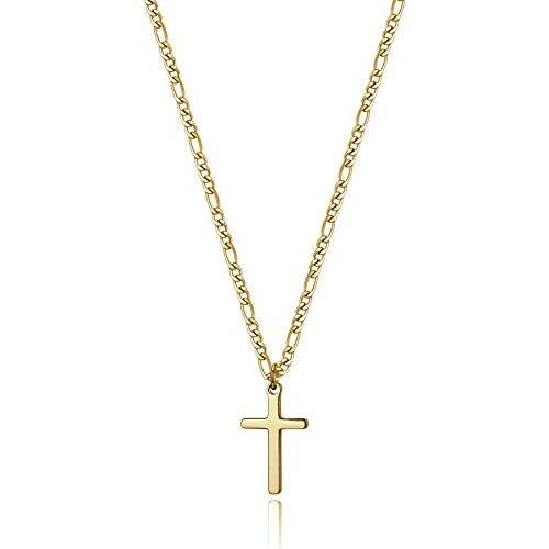 14K Gold Filled Cross Necklace for Men Figaro Chain Stainless Steel Plain Polished Cross Pendant Necklace Simple Faith Jewelry Gift for Boy Women Girls 16-24 Inches