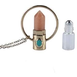 Womens Necklace with Essential Oil Roller Ball Bottle and Chakra Healing Stone Pendant Peach Aventurine Costume Jewelry Boho Style Long Necklace Unique Fashion Great Gift