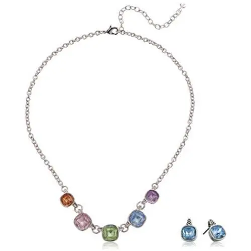 Napier Womens Silver/Rainbow Frontal Necklace Button Earrings Set Napier Womens Silver/Rainbow Frontal Necklace Button Earrings Set