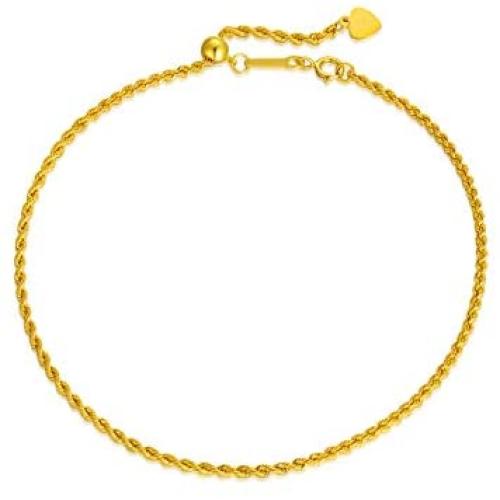 18K Italian Solid Gold Rope Chain Bracelet with Freely Sliding Bead, Gold Women Braided Rope Chain Bracelet Jewelry Gifts for Her, 8.5 Inch